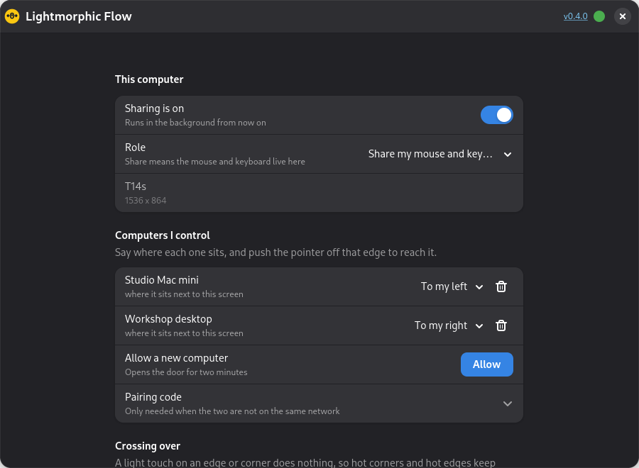 The settings window, listing two computers with the edge each one sits on.